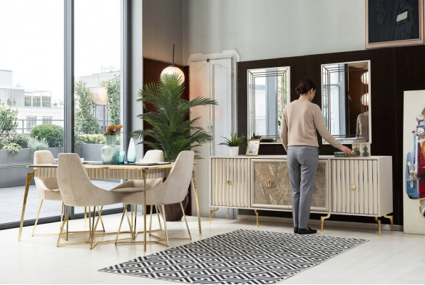 Stilvoll Iesszëmmer Garnitur Luxus Set Designer Iessdësch mat 6x Stillen