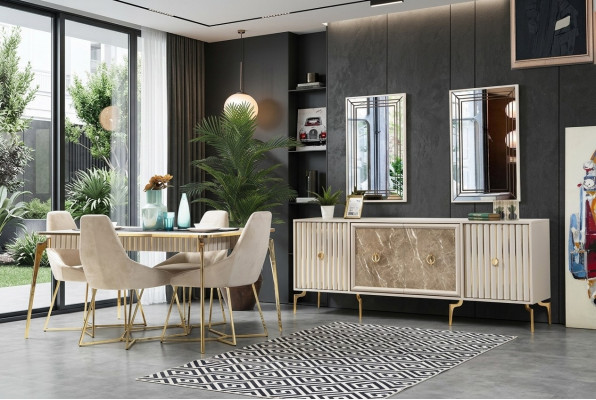 Stilvoll Iesszëmmer Garnitur Luxus Set Designer Iessdësch mat 6x Stillen