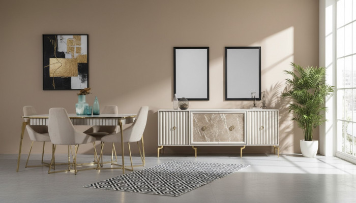 Golden Iesszëmmer Set Luxus Garnitur Iessdësch mat Still Designer Miwwelen