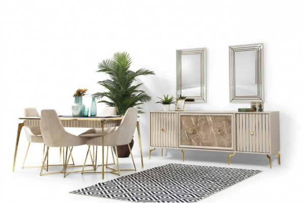 Golden Iesszëmmer Set Luxus Garnitur Iessdësch mat Still Designer Miwwelen