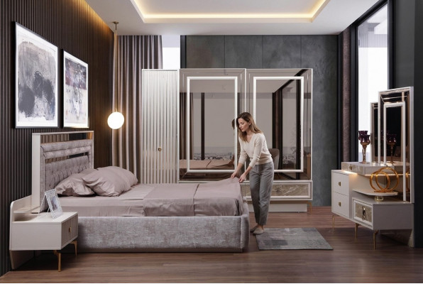 Modern Komplettschlofzëmmer Set Designer Bett 2x Nuetsstillen 5-Deeler