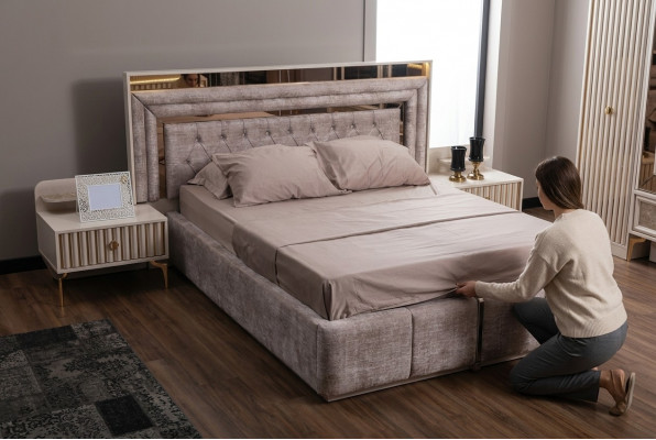 Maulwuess-Schlofkummer-Set Designer Miwwelen Duebelbett Nuetsdëscher Holzmiwwelen