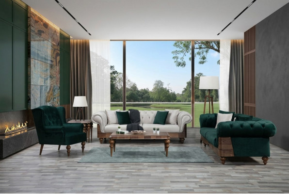 Modern Zweefaarweg Chesterfield Sofa Garnitur 3+3+1 Sëtz Luksus Miwwelen