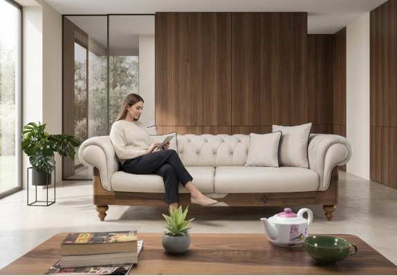 Braun-Wäisst Chesterfield Canapé Designer Wunnzëmmer Couch Sëtzmöbel Nei