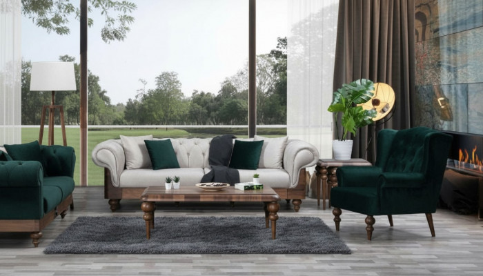 Klassesch Sofa Garnitur 3-Sëtzer + Sessell Chesterfield Designer Miwwelen