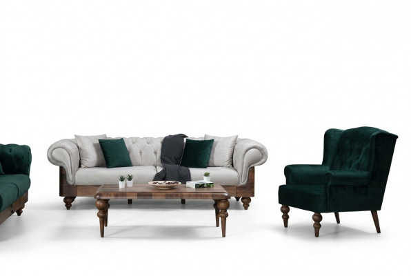Klassesch Sofa Garnitur 3-Sëtzer + Sessell Chesterfield Designer Miwwelen