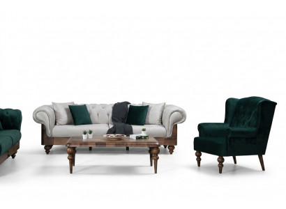Klassesch Sofa Garnitur 3-Sëtzer + Sessell Chesterfield Designer Miwwelen