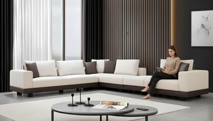 Wunnzëmmer Ecke-Sofa Luxus L-Form Couche Textil Miwwelen Holzgestell Stilvoll
