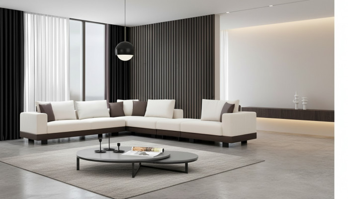 Wunnzëmmer Ecke-Sofa Luxus L-Form Couche Textil Miwwelen Holzgestell Stilvoll