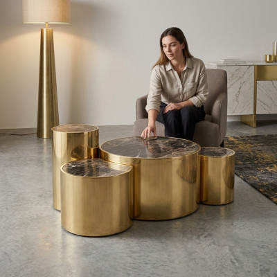 Gëllene Couchtisch Wunnzëmmer Niewendësch Modernen Design Glasplatte