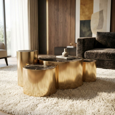 Gëllene Couchtisch Wunnzëmmer Niewendësch Modernen Design Glasplatte