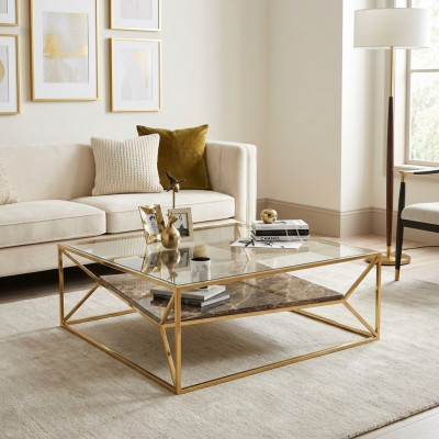 Moderne Marmor Wunnzëmmer Couchtisch Luxus Edelstahl Dësch Glasplack.