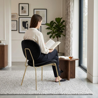 Schwaarze Designerstull mat Edelstolssäitleche Moderne Iesszëmmerstull.