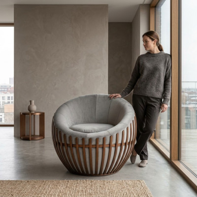 Designer Graie Fauteuil Wunnzëimmermooss Plüsch Sëtz Stoff Fauteuil Lounge Club