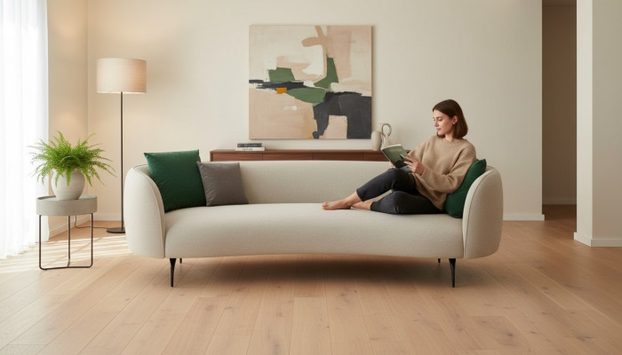 Designer wäisse Canapé dräisëtzegen Wunnzëmmer 3-Sëtzer Couch Textil Couchen Nei