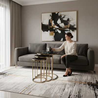 Dësch Schwaarze Bäizdësch Set 3x Couchdëscher Rondform Wunnzëmmer Dëscher