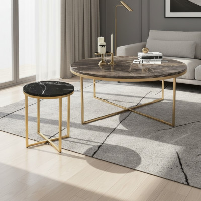 Luxus Ronn Couchdësch Mat Bäistelltësch Designer Edelstol Dësch Set