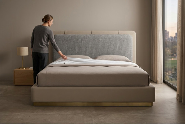 Schlofkummer Beige Bett Holz Modernt Designen 180x200 Design Better Miwwelen