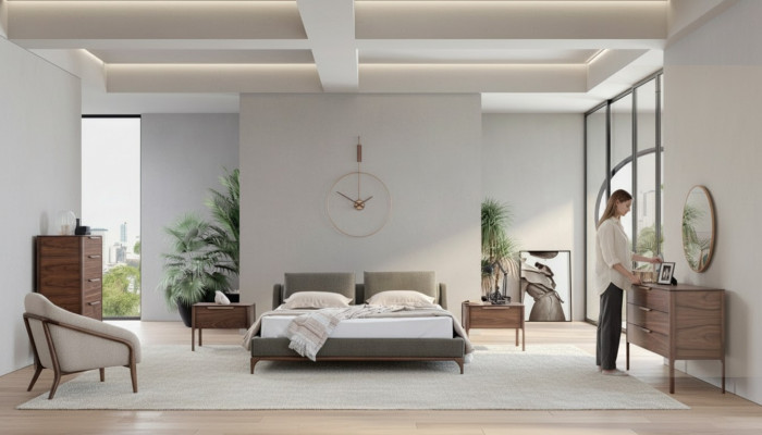 Schlofzëmmer Komplett Set Bett 2x Nuetsdëscher Kommode Schaf Modern