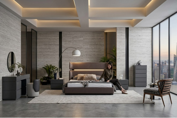 Moderne Schlofzëmmer Set 6-Deeler Bett 2x Nuetsdëscher Kommode mat Spigel