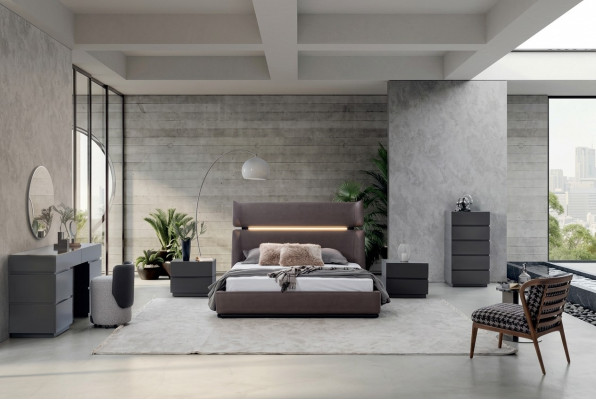 Moderne Schlofzëmmer Set 6-Deeler Bett 2x Nuetsdëscher Kommode mat Spigel