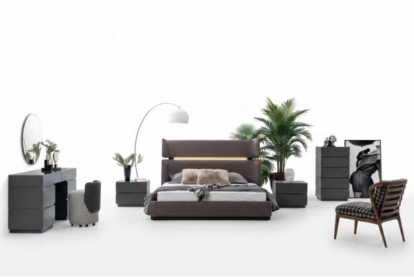 Moderne Schlofzëmmer Set 6-Deeler Bett 2x Nuetsdëscher Kommode mat Spigel