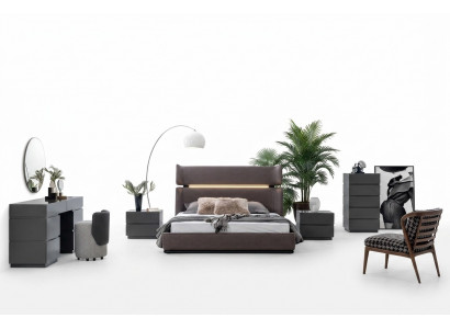 Moderne Schlofzëmmer Set 6-Deeler Bett 2x Nuetsdëscher Kommode mat Spigel