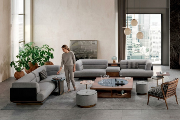 Luxus Wunnzëmmer Set Grey Canapé mat Sëtz 2x Hocker Modernen Design