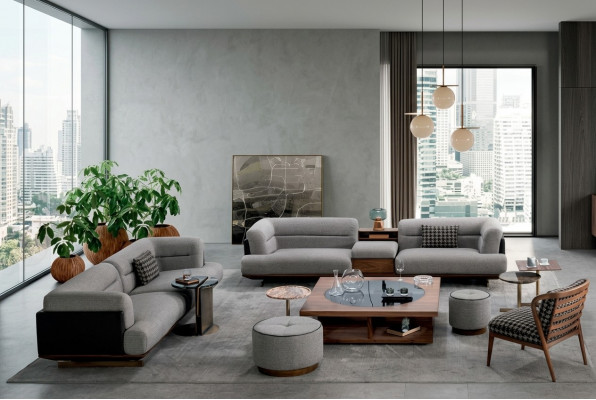 Luxus Wunnzëmmer Set Grey Canapé mat Sëtz 2x Hocker Modernen Design