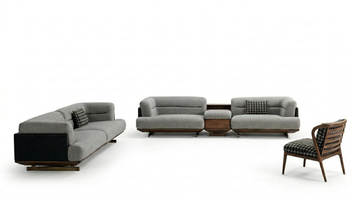 Luxus Wunnzëmmer Set Grey Canapé mat Sëtz 2x Hocker Modernen Design