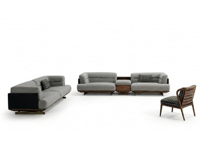 Luxus Wunnzëmmer Set Grey Canapé mat Sëtz 2x Hocker Modernen Design