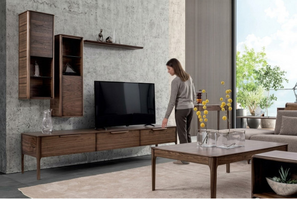 Wunnzëmmer Set Schiefwand Regal mat TV Stand Modernen Designen Wunnwand