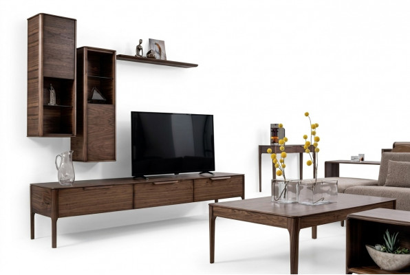 Wunnzëmmer Set Schiefwand Regal mat TV Stand Modernen Designen Wunnwand