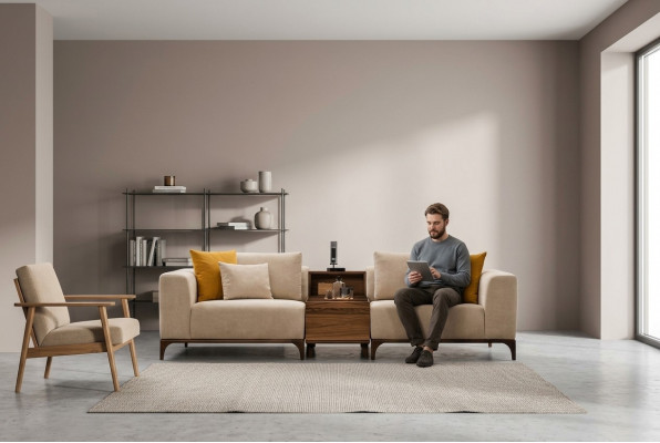 Luxus Wunnzëmmer Sofa Modernen Design Holz mat Textilien Zweisëtzer