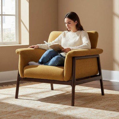 Seessel Fir Wunnzëmmer Luxus Modernen Design Holz mat Textil Lounge Club