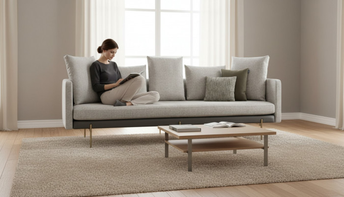 Modern 4-Sëtzer Sofa a groer Faarf fir d'Wunnzëmmer Polstere Stoff Dräisëtzer Canapé.