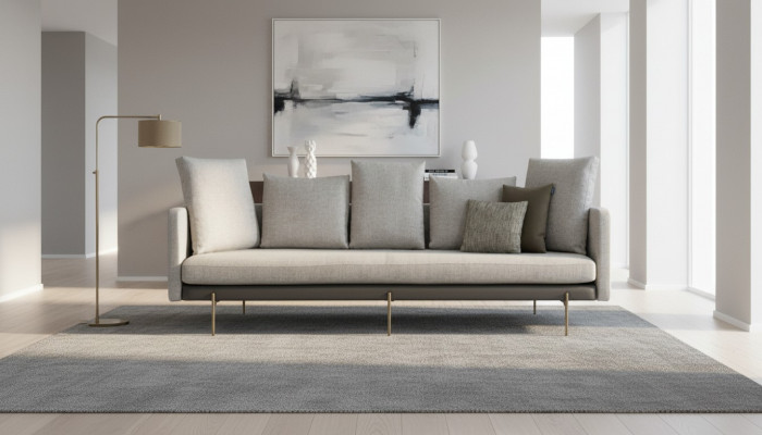 Modern 4-Sëtzer Sofa a groer Faarf fir d'Wunnzëmmer Polstere Stoff Dräisëtzer Canapé.