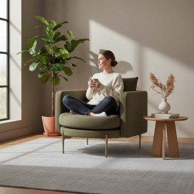 Fautteuil fir Wunnzëmmer modernen Design Holz mat Textil Rond Lounge Club