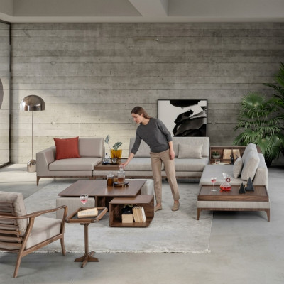 Wunnzëmmer Eckcouch L-Form Holz Eckgarnitur Sofa Couchen Luxus Miwwelen