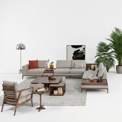 Wunnzëmmer Eckcouch L-Form Holz Eckgarnitur Sofa Couchen Luxus Miwwelen