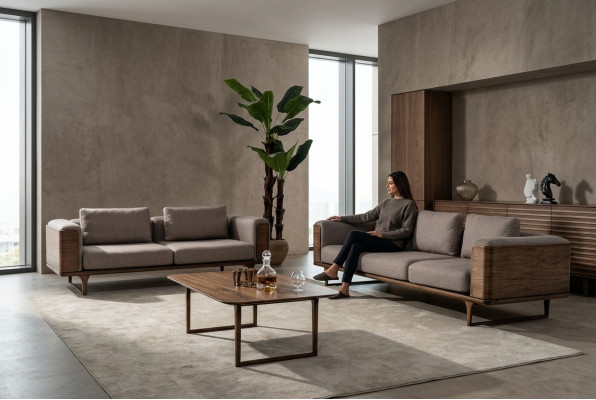 Design-Wunnzëmmer-Set 2x Sofae mat Couchtisch Luxus Holz mat Textil