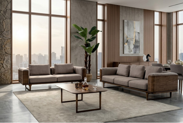 Design-Wunnzëmmer-Set 2x Sofae mat Couchtisch Luxus Holz mat Textil