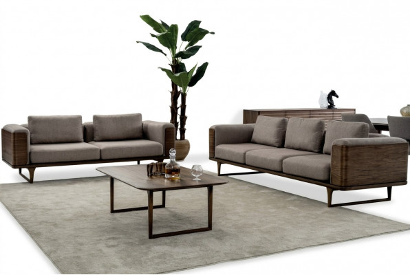 Design-Wunnzëmmer-Set 2x Sofae mat Couchtisch Luxus Holz mat Textil