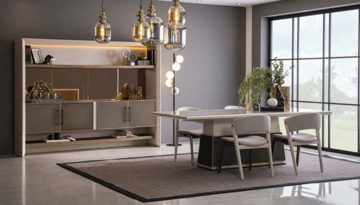 Luxus 6 Stéck Iesszëmmer Set Iessdësch 4x Still Kommode 6 Stéck modernen Designer Set