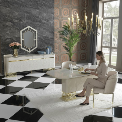 Modern Iesszëmmer Set Miwwelen Iessdësch 4x Stull Kommode Schlaffkommode 6tlg