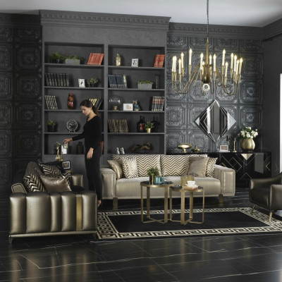 Design Sofa-Garnitur 3+2+1 Sëtzer Modernen Fotell Luxus Miwwelen Stoff Gold
