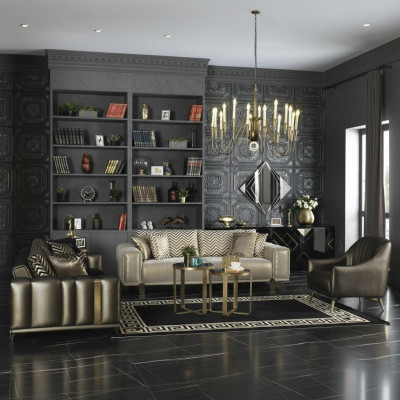 Design Sofa-Garnitur 3+2+1 Sëtzer Modernen Fotell Luxus Miwwelen Stoff Gold