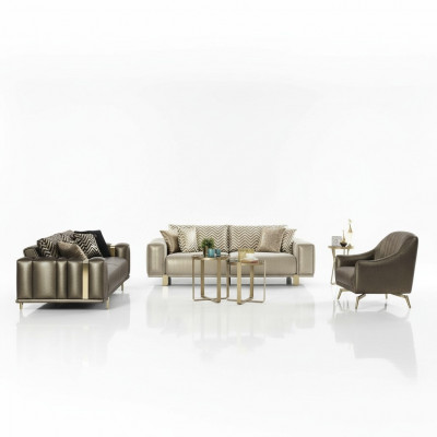 Design Sofa-Garnitur 3+2+1 Sëtzer Modernen Fotell Luxus Miwwelen Stoff Gold