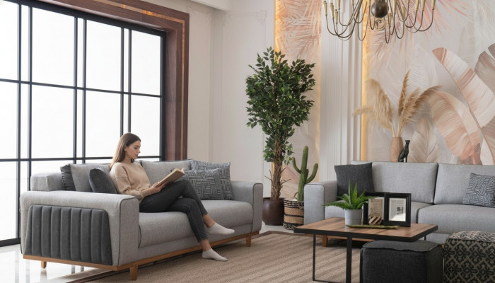 Duosofa aus Stoff Couch Polster Gemittlech Stoff-Couch Zweekëscht-Stoffsëtzbank