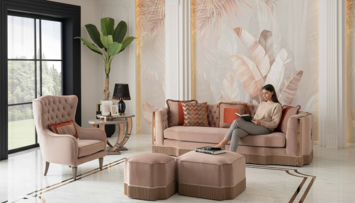 Luxus Wunnzëmmer Schik Sofa 4 Sëtzer Fauteuil mat 2x Hocker Stilvoll Miwwelen